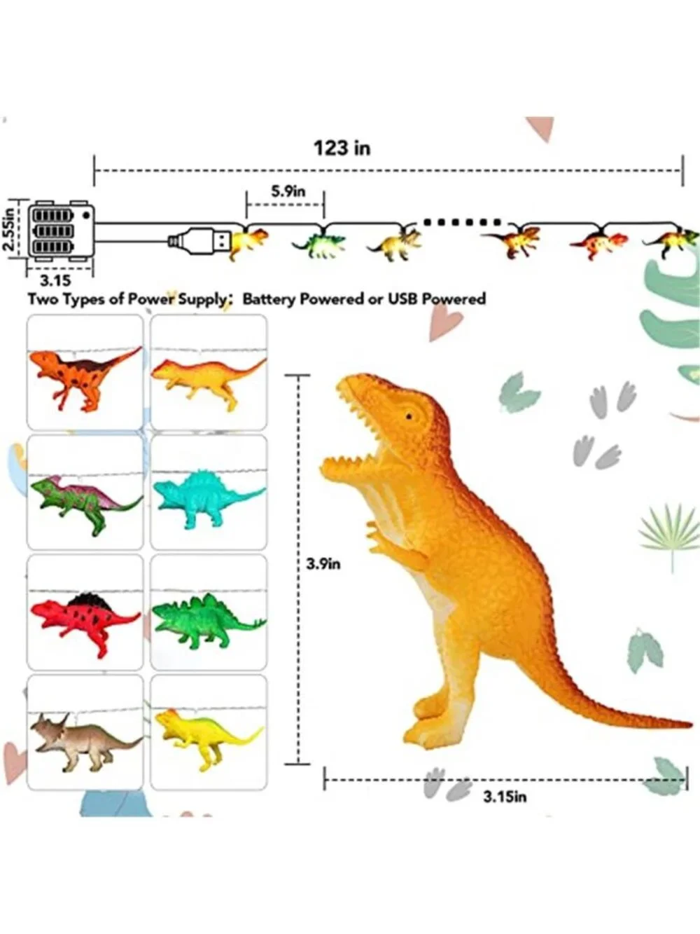 Dinosaur String Lights LED Remote Timer USB Battery Kids Room Decor Lamp